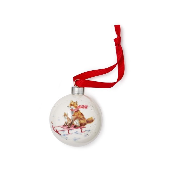 2 Füchse auf Schlitten Weihnachtskugel 70 x 70mm Wrendale Designs