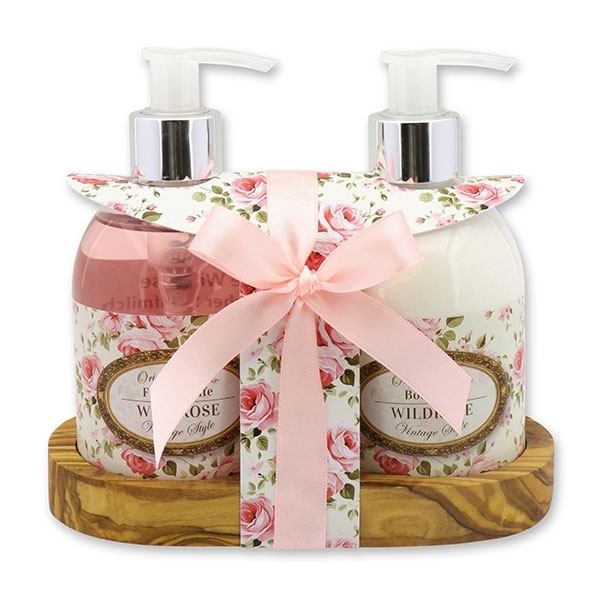 rose sauvage Set Lait corporel 250ml et Savon liquide 250ml sur tablette en bois