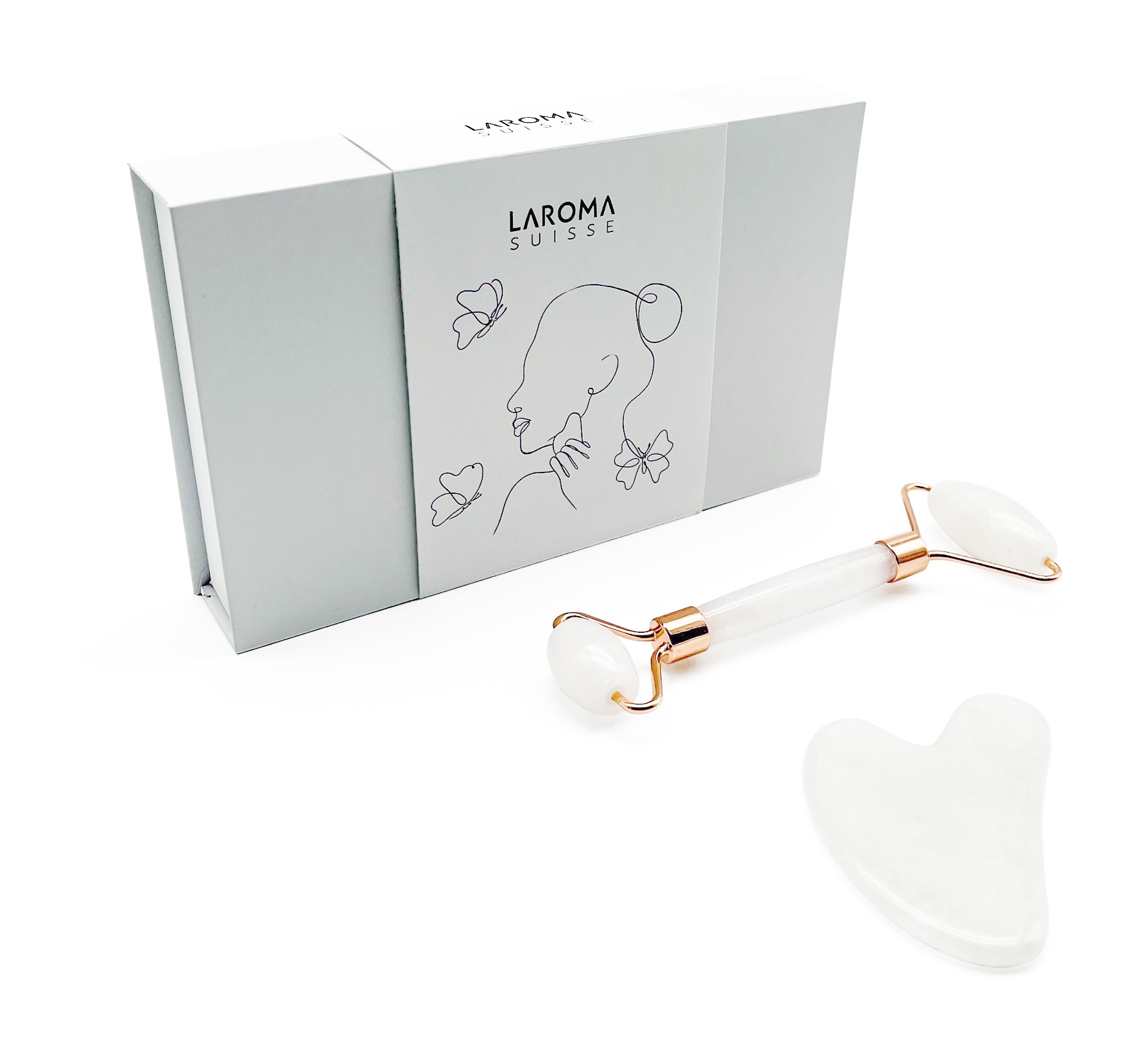 Weisser Jade Gua Sha Set Anti Aging Gesichts-Roller 14cm und Herz 7.5cm in edler Magnetbox