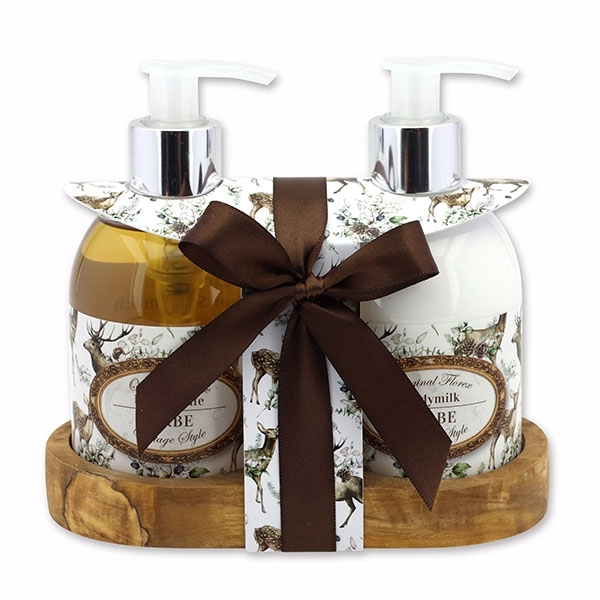 Zirbe-Set Bodymilch 250ml und Flüssigseife 250ml Olivenholzablage "Vintage-Motiv 223"