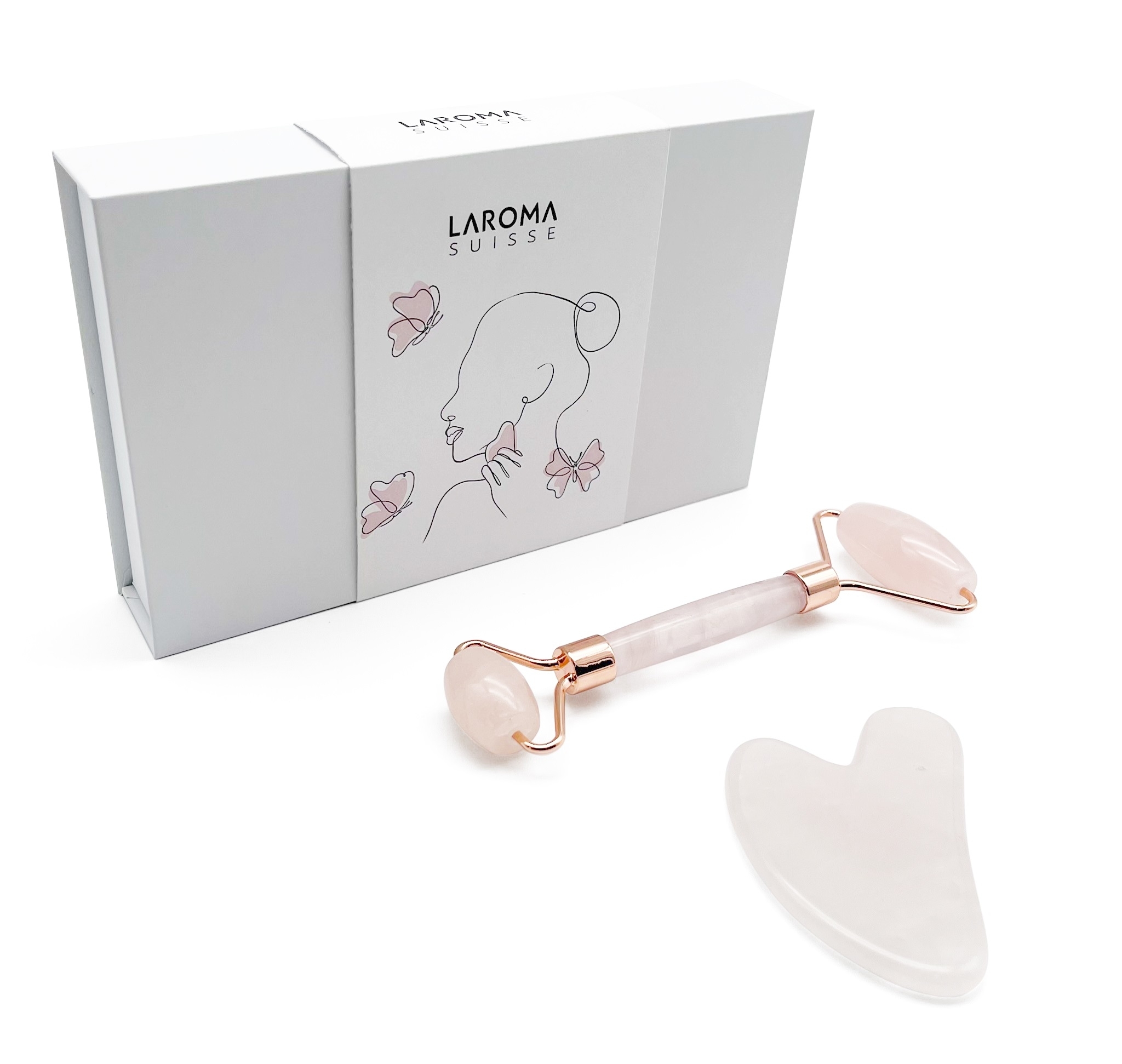 Rosenquarz Gua Sha Anti Aging Set Gesichts-Roller 14cm und Herz 7.5cm in edler Magnetbox