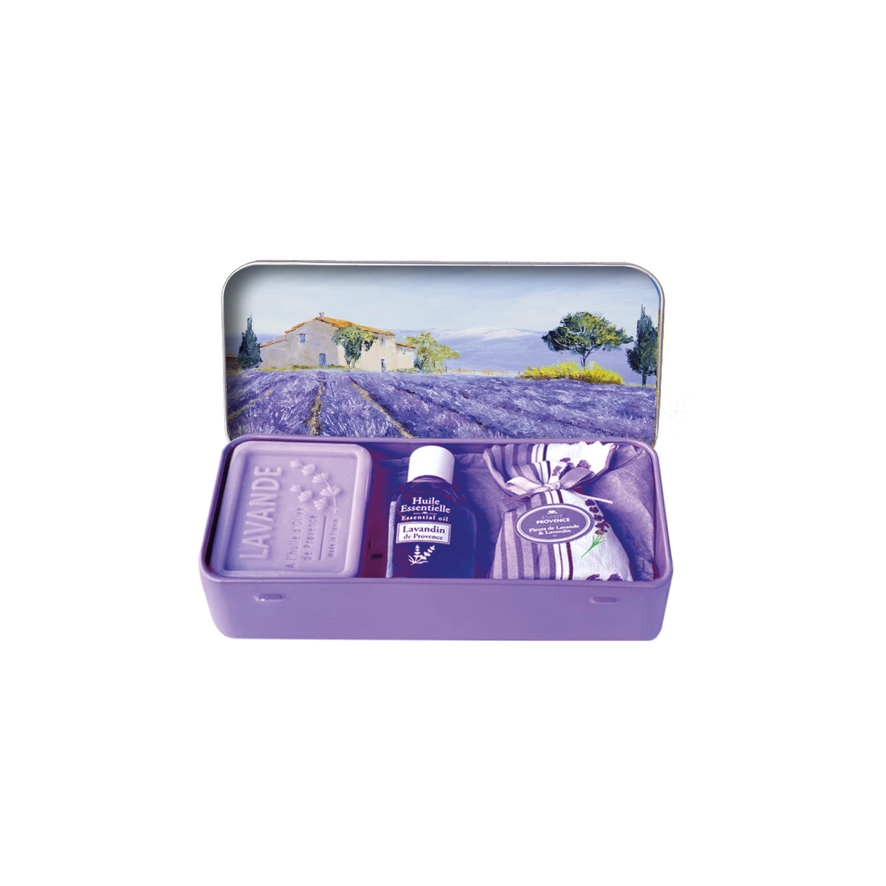 Set edle Metallbox Lavendelseife 60g & Lavendelsäckchen & Lavandinöl