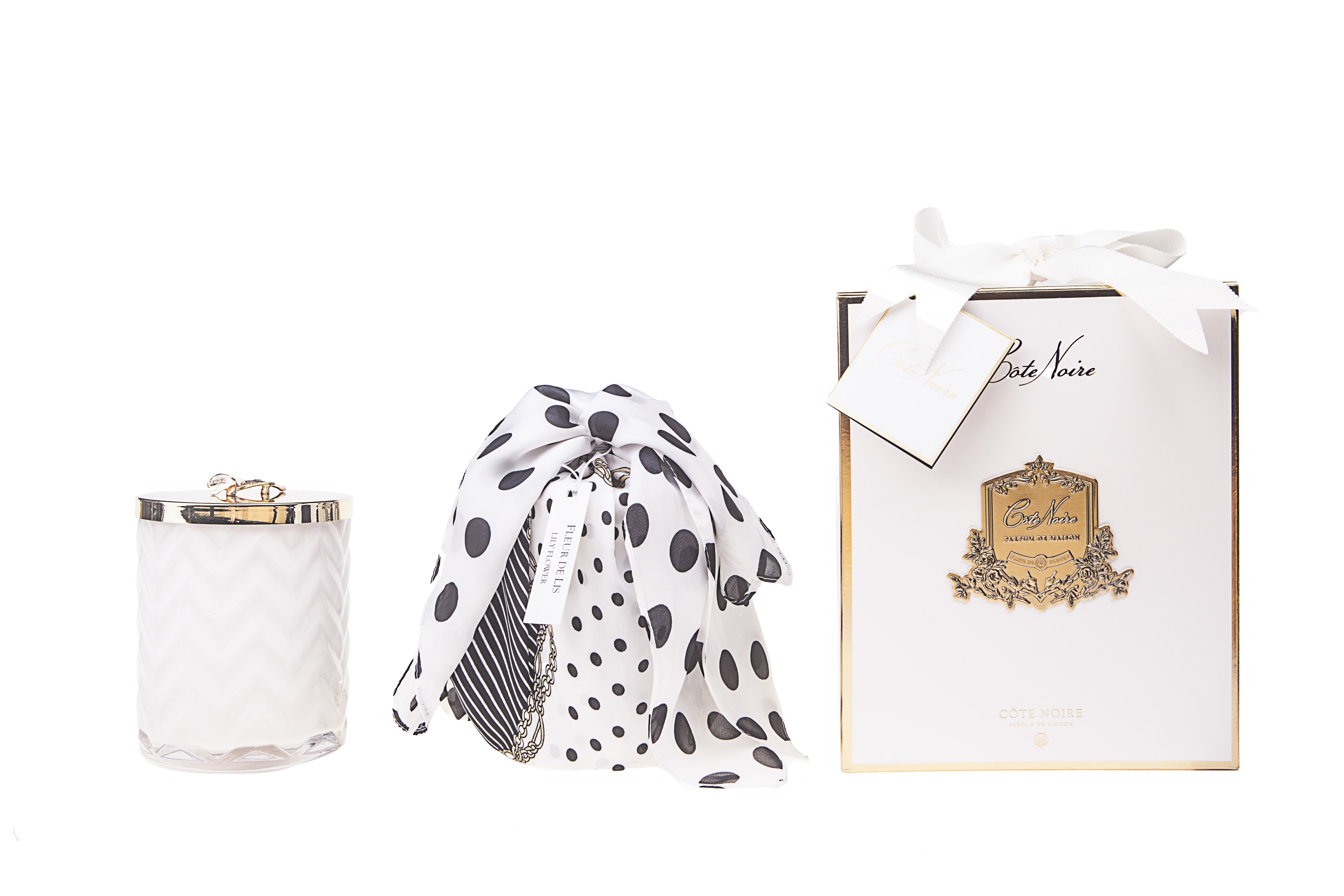Duftende Herringbone Kerze 600g mit Schal - Weiss & Gold - Côte Noire