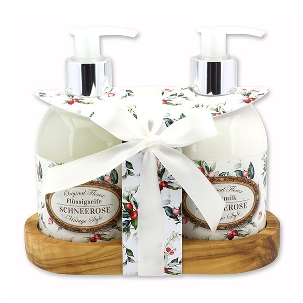 Schneerose-Set Bodymilch 250ml und Flüssigseife 250ml Olivenholzablage "Vintage-Motiv 218"