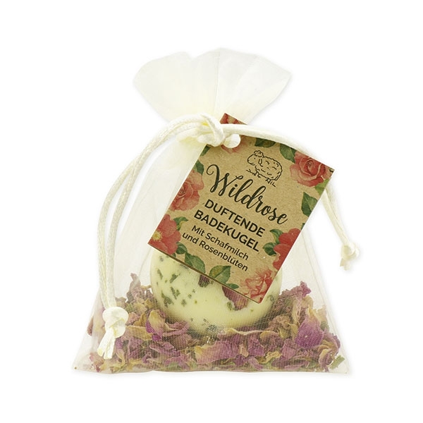 Badebutter-Kugel Wildrose mit Schafmilch 50g im Organzasackerl "Wohlfühlzeit"