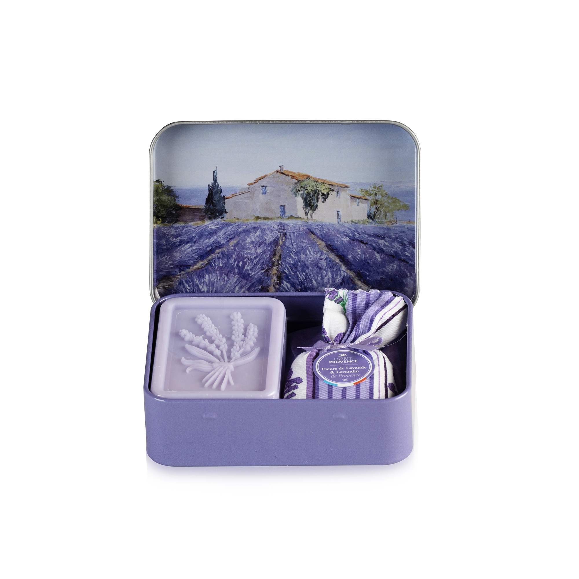 Set edel Metallbox Seife Lavendel 60 g & Lavendelkissen Esprit Provence