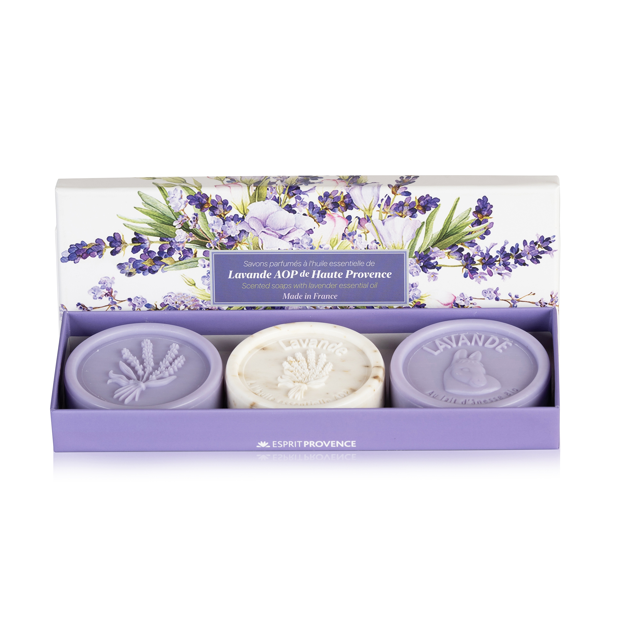 Luxuriöse Schachtel mit 3 Lavendelseifen aus der Provence