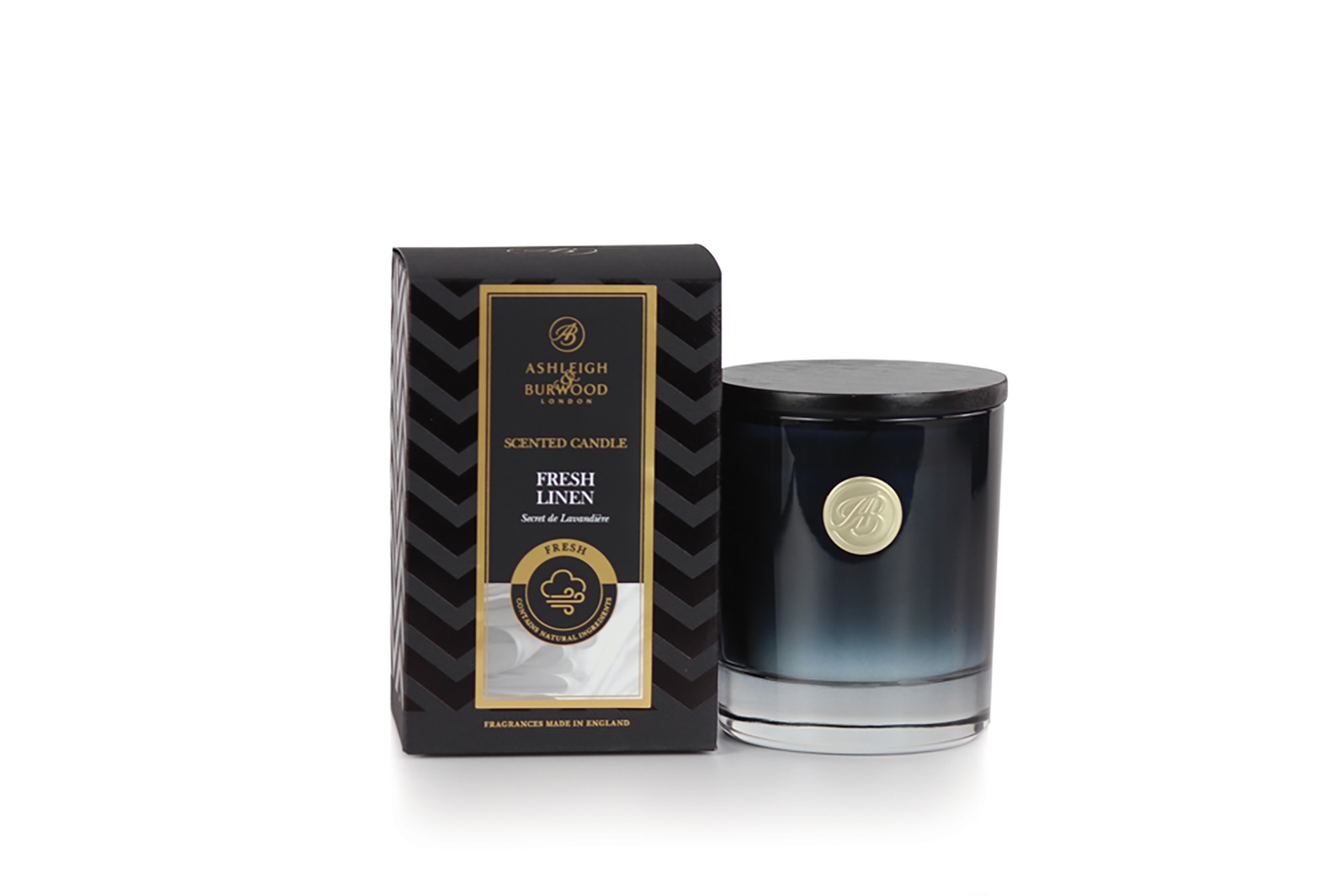 Fresh Linen Bougie parfumée Signature Collection 140g avec un élégant couvercle en bois noir