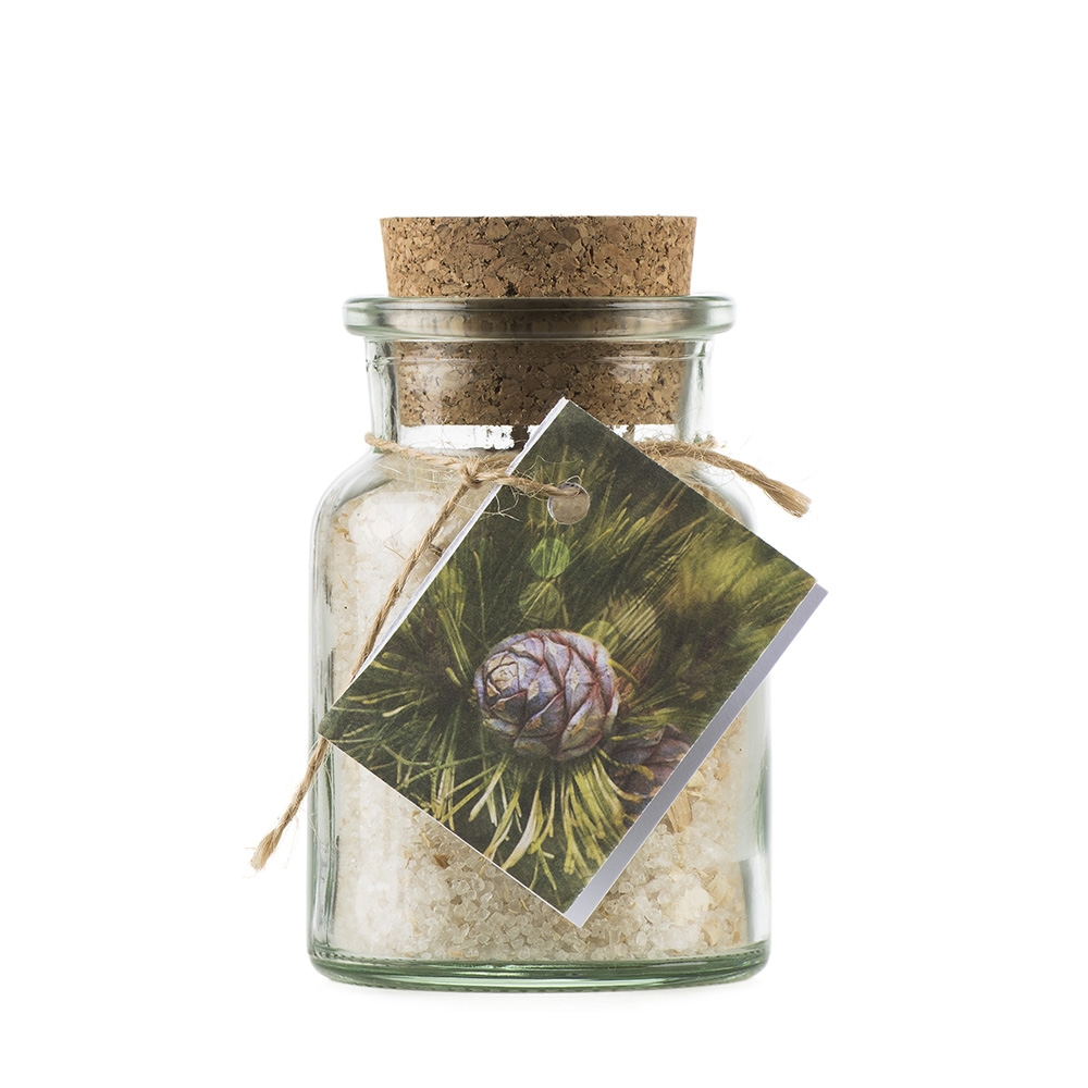 Arve (Zirbe)Badesalz Blüten in Glas mit Korkzapfen
