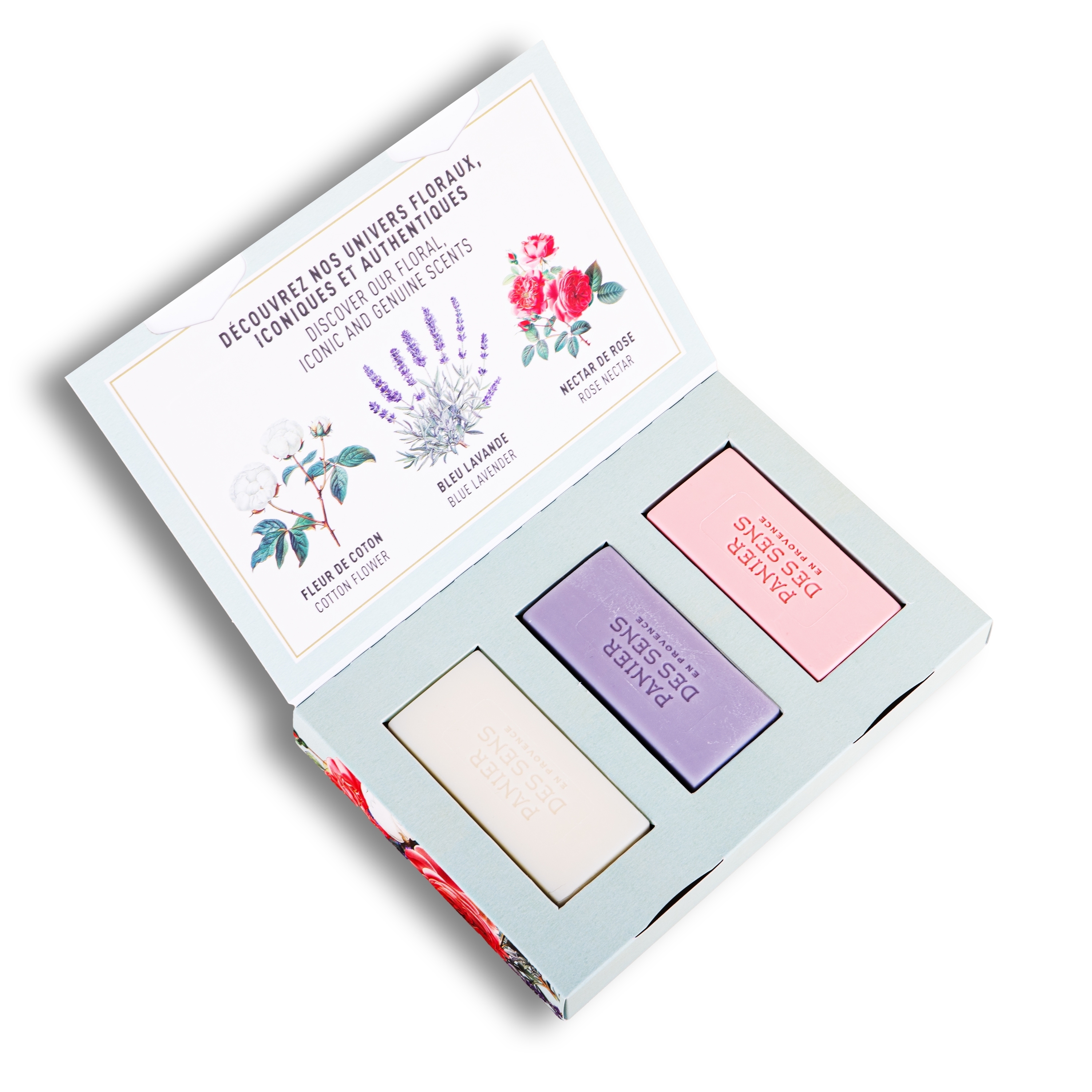 Geschenkset 3er Parfümierte Seifen - Baumwolle. Lavendel, Rosennektar 3x100g