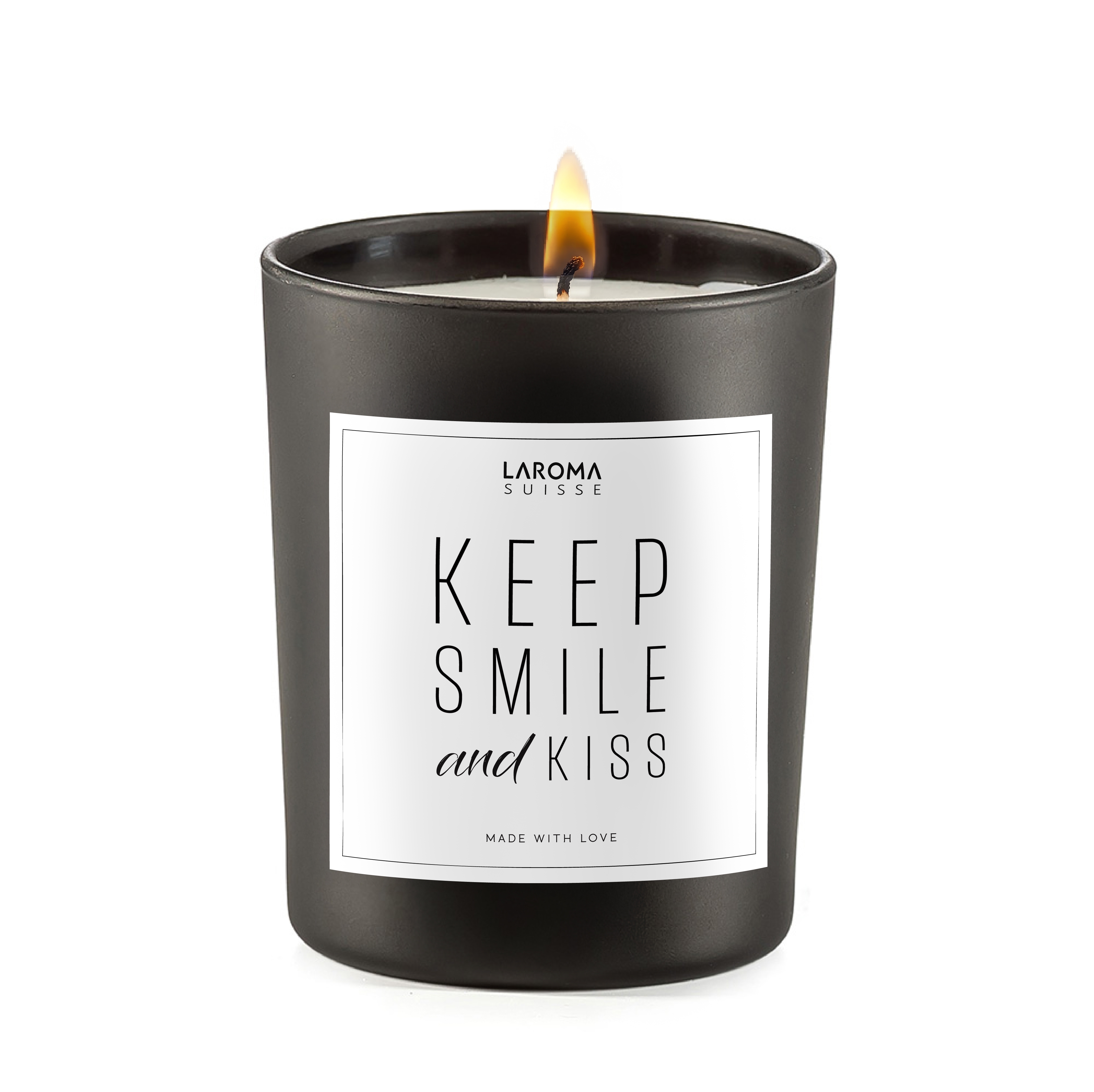 Keep Smile and Kiss Spruchkerze im edlen Glas mattschwarz
