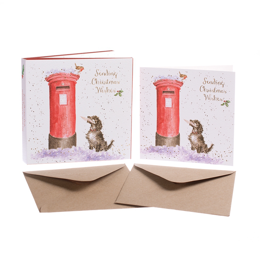 Hund mit Brief Weihnachtskarten "Christmas Wishes" 120 x 120mm Wrendale Designs