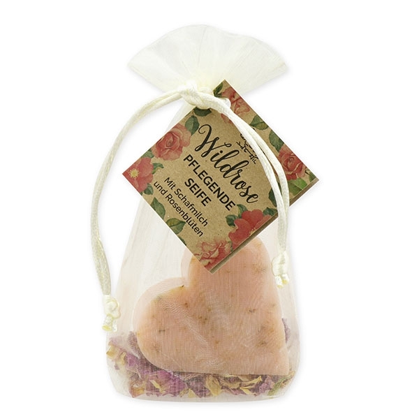 Schafmilchseife Herz midi plus 65g mit Rosenblüten im Organzasackerl "Wohlfühlzeit", Wildrose