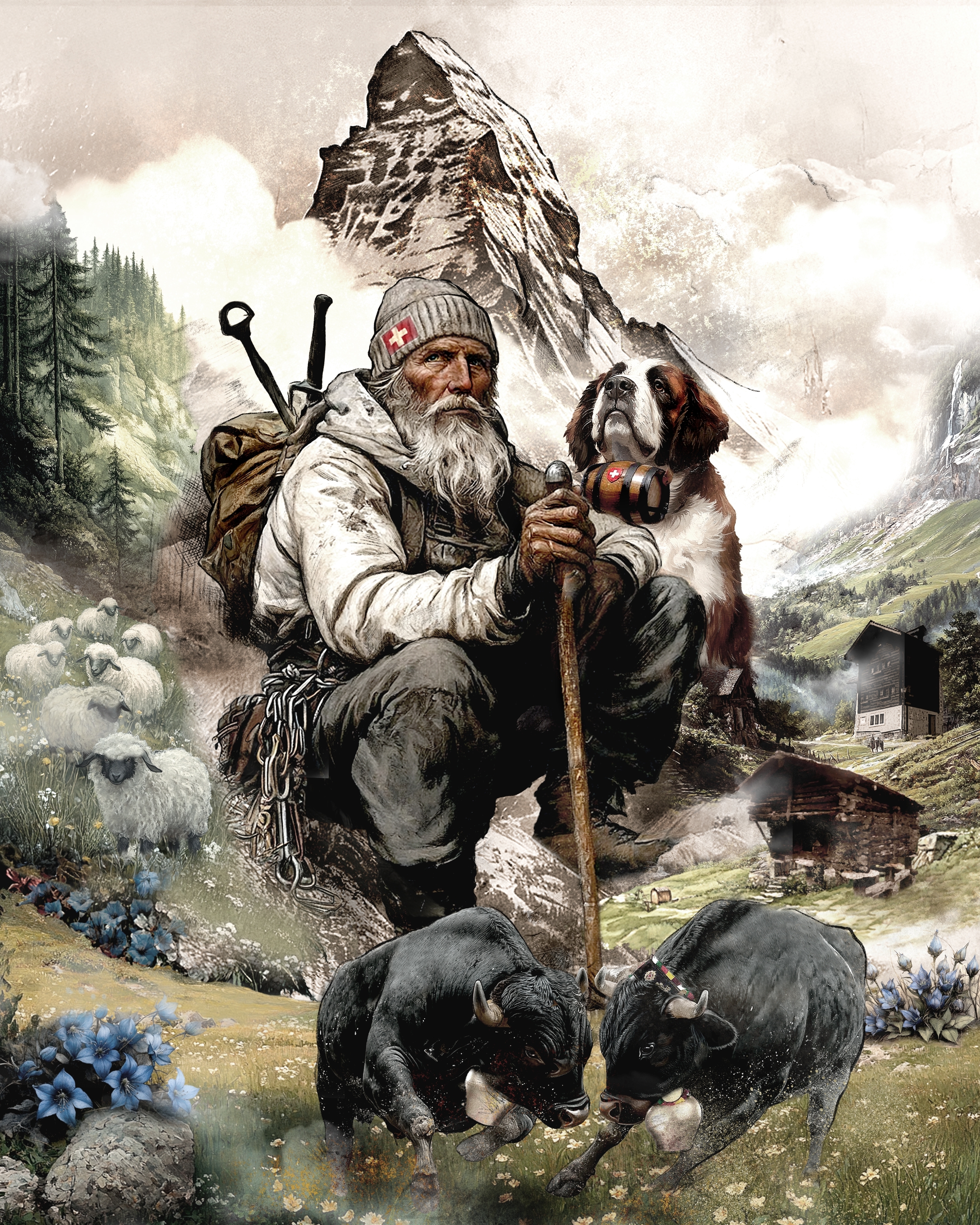 Matterhorn Duftsachet Bergsteiger mit Bernhardiner, Eringer Kühe, Schwarznasenschaf LAROMA 12cm