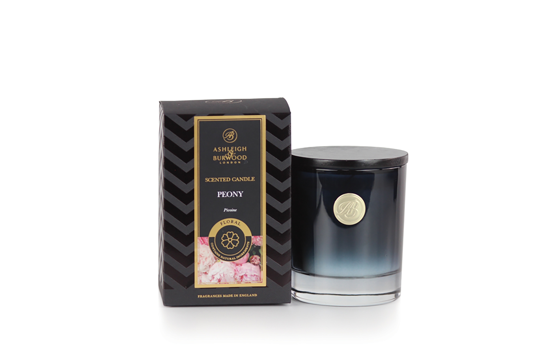 Peony Bougie parfumée Signature Collection 140 g avec un élégant couvercle en bois noir