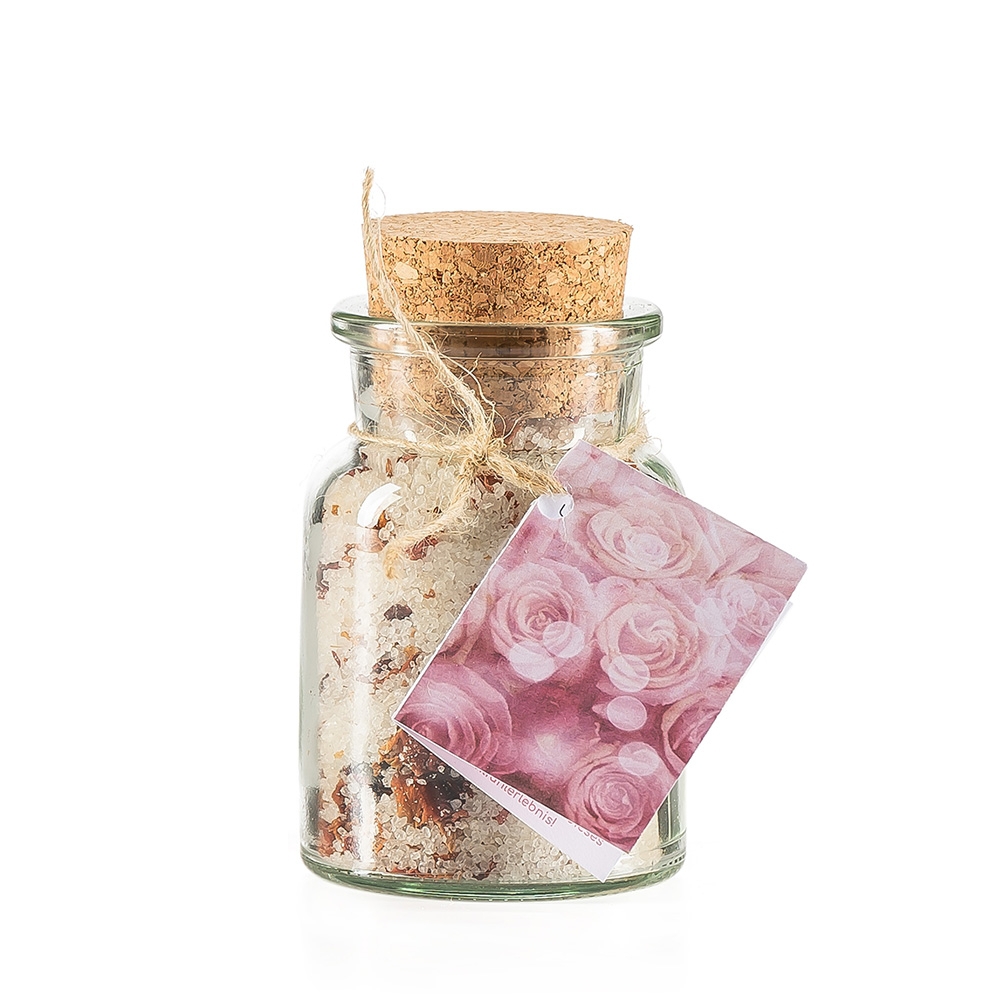 Rose Badesalz Blüten in Glas mit Korkzapfen 150ml