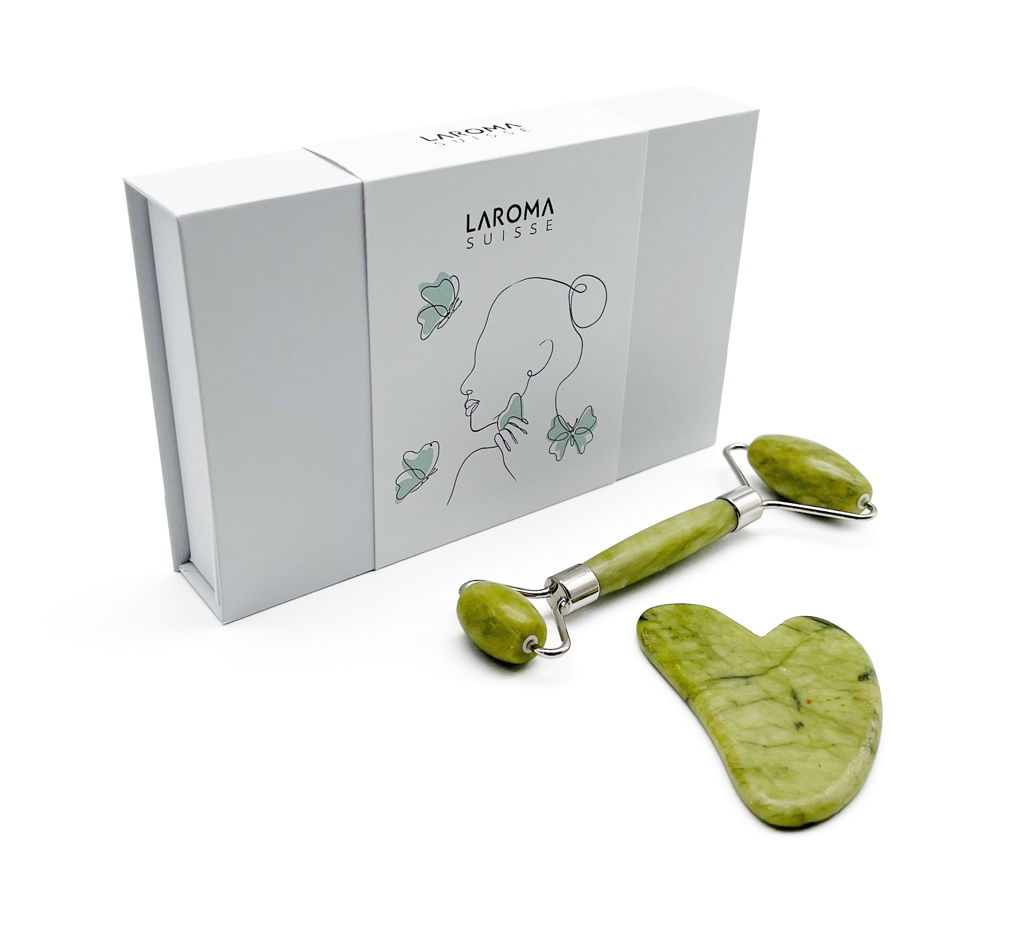 Grüner Jade Gua Sha Anti Aging Gesichts-Roller 14cm und Herz 7.5cm in edler Magnetbox