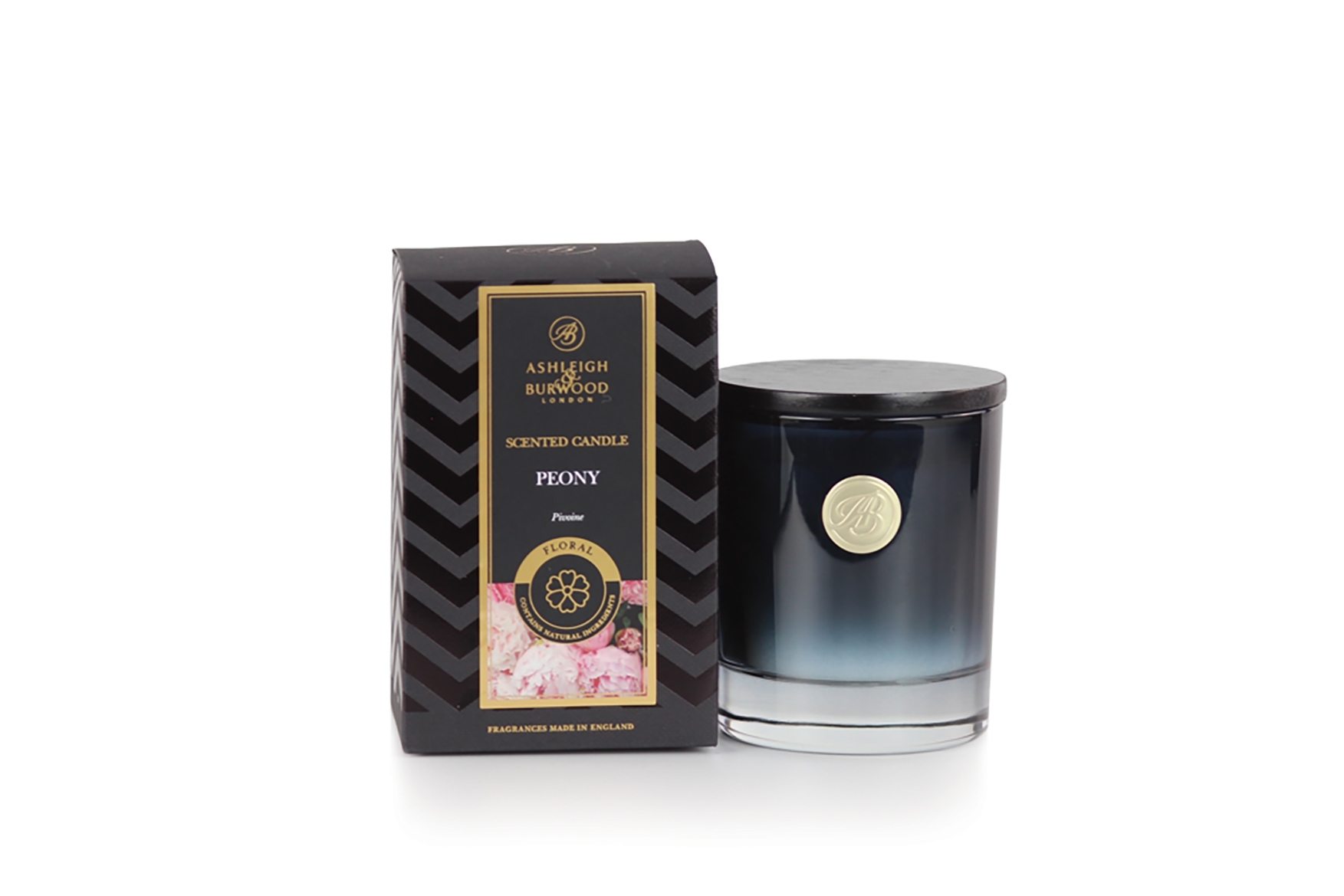 Peony Signature Collection 140 g Duftkerze mit elegantem schwarzen Holzdeckel